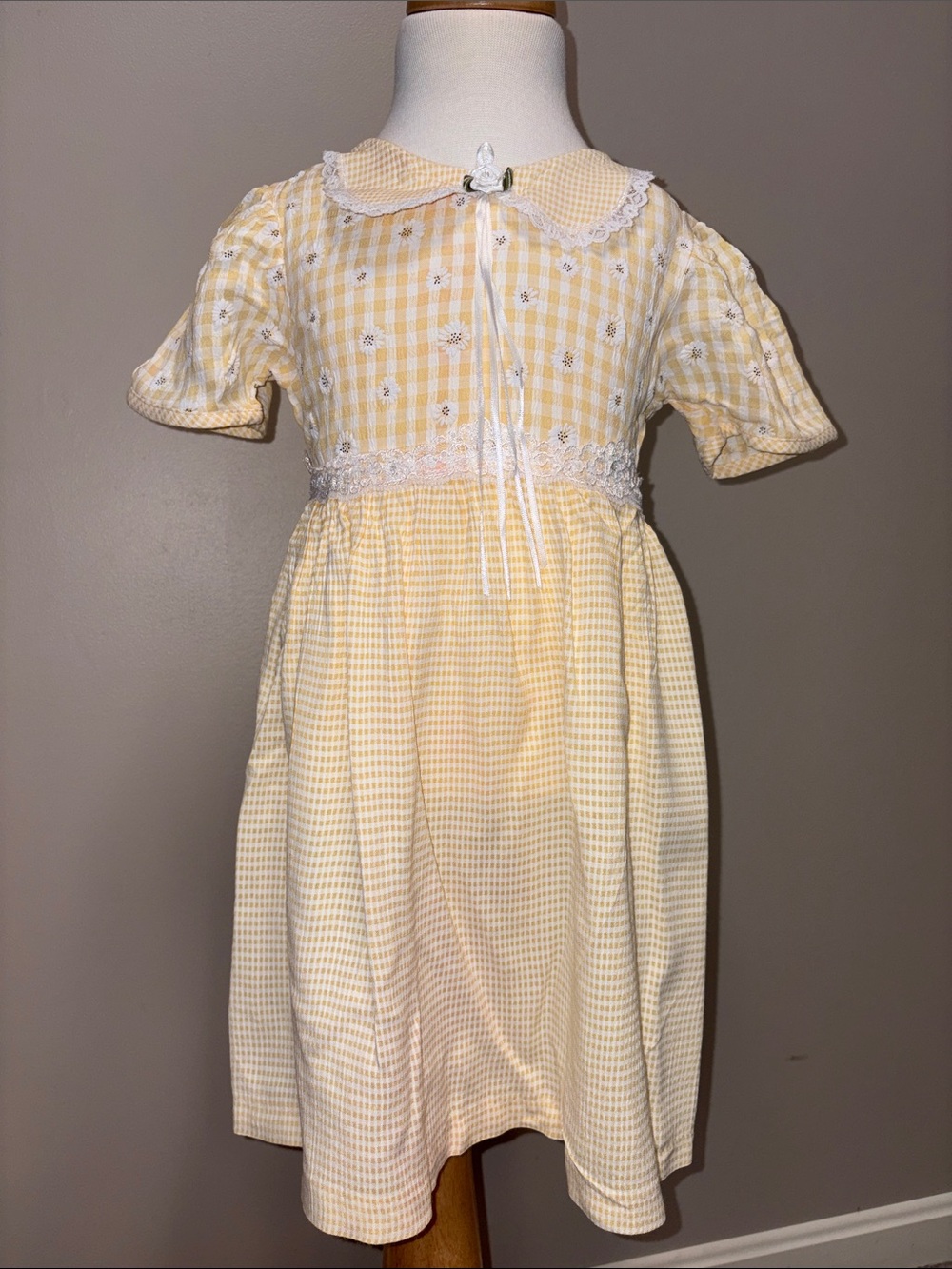 Evy vintage Yellow Gingham Lace-daisy Trim Kids Dress girls 5